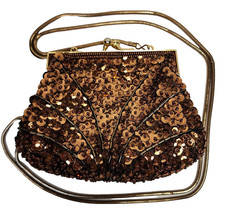 Vintage Bronze Gold Sequin Bead Clutch Purse Evening Bag Handmade 1950-1960s