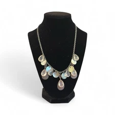 Iridescent Teardrop Dangle Statement Necklace Silver Chain Boho Chic Fashion