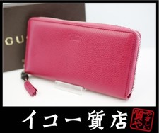 Gucci Bamboo Tassel Round Zipper Long Wallet 307984 Leather Pink Red Excellent C