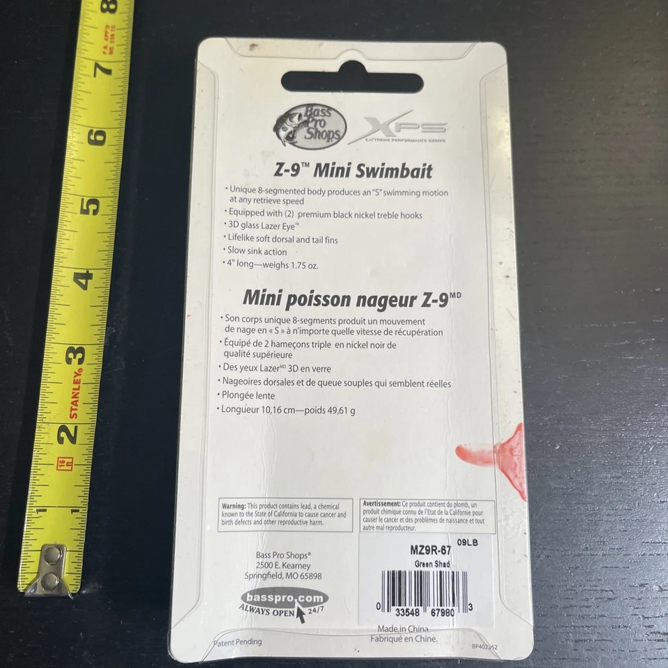 Мини плавучие наживки Bass Pro Shops XPS Pro Series Z-9 MZ9R-67 зеленые Shad 4 дюйма 1,7 унции новые в коробке - Изображение 4 из 4