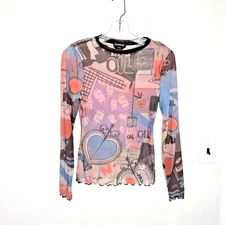Bebe Y2K Small mesh top Sheer Artsy Abstract multi color Made in USA vintage (?)