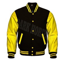 Varsity Letterman Black & Yellow Cowhide Leather Bomber College Baseball  Jacket