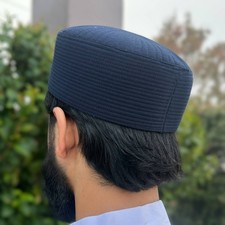 NEW Men's Premium Kufi Islamic Cap Muslim Turban Hat Handmade Topi - Navy Blue