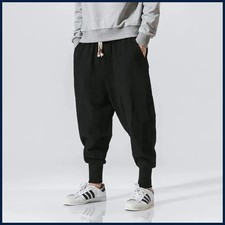 Men's Harem Pants Cotton Linen Joggers Baggy Hip Hop Streetwear Casual