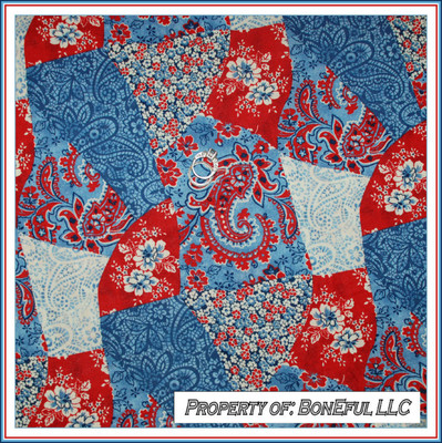 BonEful Fabric FQ Cotton Quilt VTG Red White Blue Flower Paisley Small Patchwork