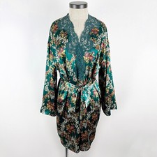 Vtg Victoria's Secret Gold Label One Size Green Floral Kimono Sleeve Belted Robe