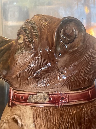 RARO PERRO Antigua Mayólica Grande 11" DIENTES FRANCESES Jarra Pug Bulldog ARTE CERÁMICA - Imagen 4 de 13