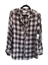 NWT Time and Tru Womens XL 16-18 Burgundy Black Plaid Button Ruffle Top #3647