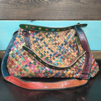 Rainbow Woven Leather Tote Bag Crossbody Purse Hobo Messenger Ameri Leather 