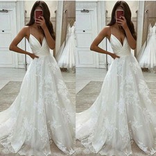 Simple Spaghetti Straps Wedding Dresses Lace Applique A-line Bridal Gowns Train