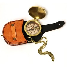 Brass Flat Compass Shiny W/ Leather Case Camping Hiking Pocket Christmas Gift