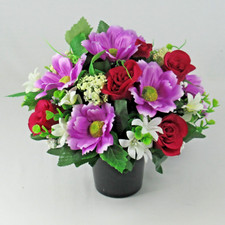 Artificial silk flowers memorial grave arrangement crem pot purple HandMade