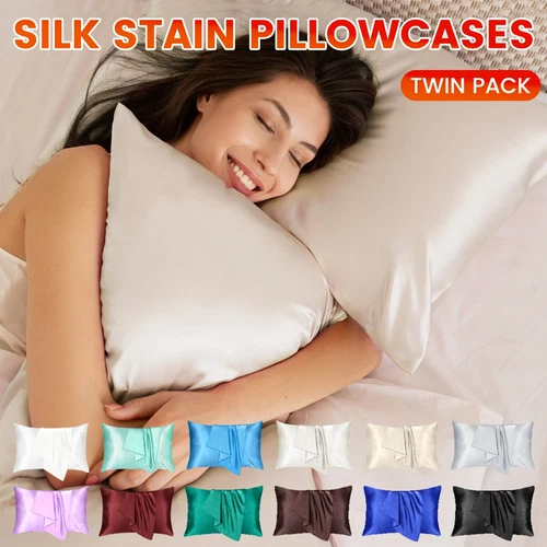 2Pcs Silk Satin Pillow Case Cover Solid Standard Bedding Smooth Soft Pillowcases