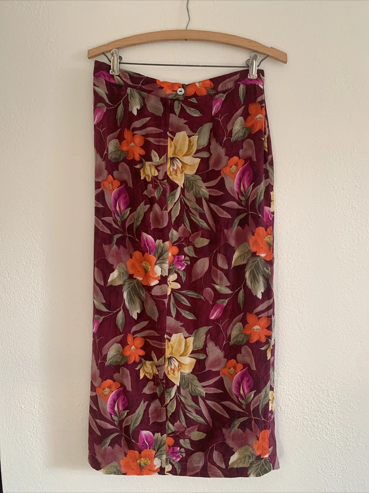 Maxi Falda 100% Seda Vintage Años 90 Jennifer Moore Petites Forrada Granate Floral 6P Foto 3 de 4