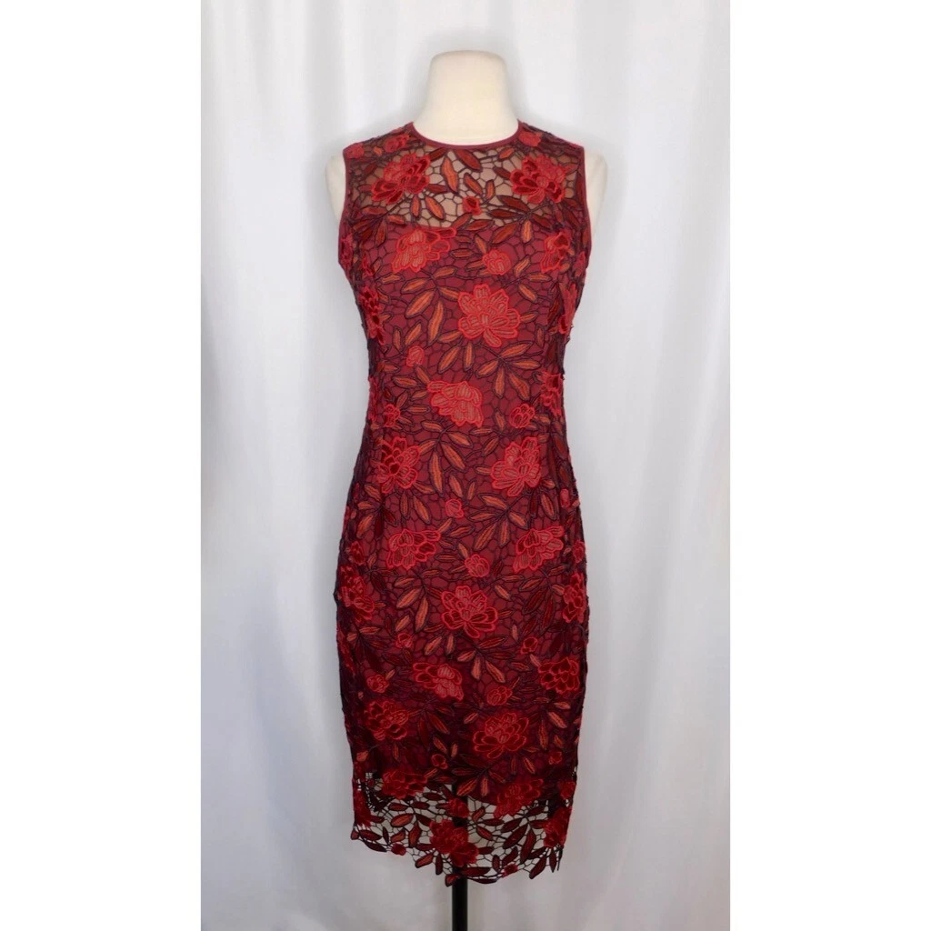 WHBM Red Floral Tonal Lace Sheath Dress White House Black Market