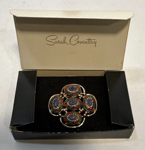 Vintage SARAH COVENTRY Signed "Light Of The East" Mosaic Gold Tone Brooch 2"