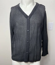 Women’s Cardigan 1x Black Woven Net Finity Naturals Button Up Sheer Shirt Top