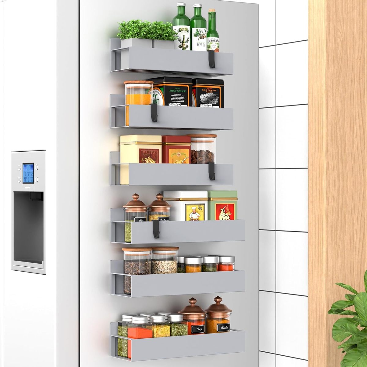 6-Piece Magnetic Spice Rack for Refrigerator, Gray
