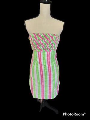 Lilly Pultizer Straples Mini Dress Pink Green Striped Ruffle Empire Waist  Size 4 | eBay