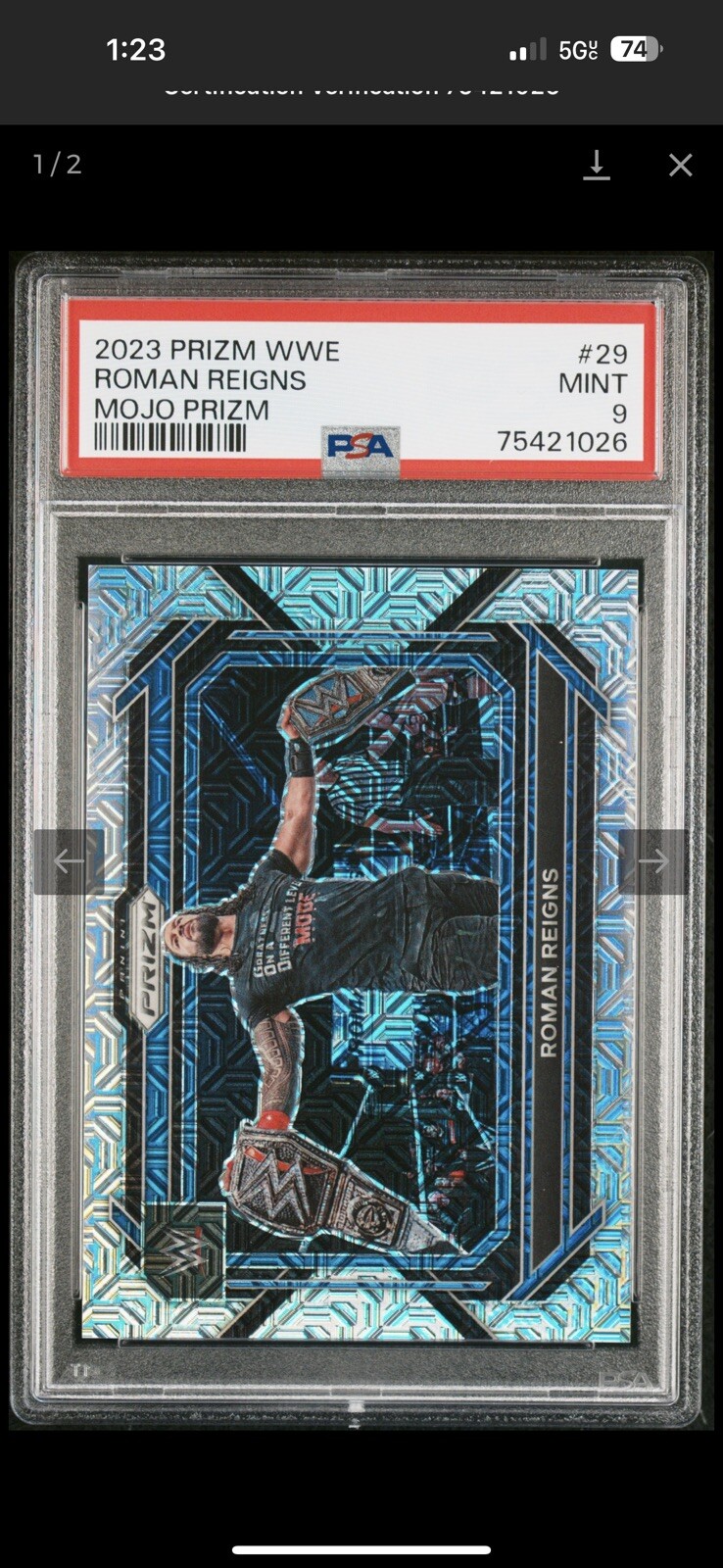 2023 WWE Roman Reigns Mojo Prizm No 29 13/25 PSA Mint 9