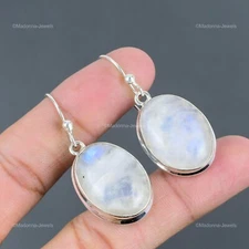 Valentines Deal Natural Rainbow Moonstone 925 Sterling Silver Dangling Earrings