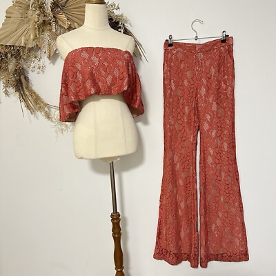 Alexis Lace Top + Flares Pants Set Red L Boho Hippy Designer  Sz XS Boho