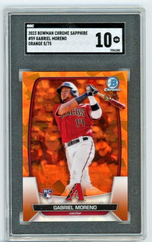 2023 BOWMAN CHROME SAPPHIRE #59 GABRIEL MORENO ORANGE ROOKIE  5/75 SGC  10 (117)