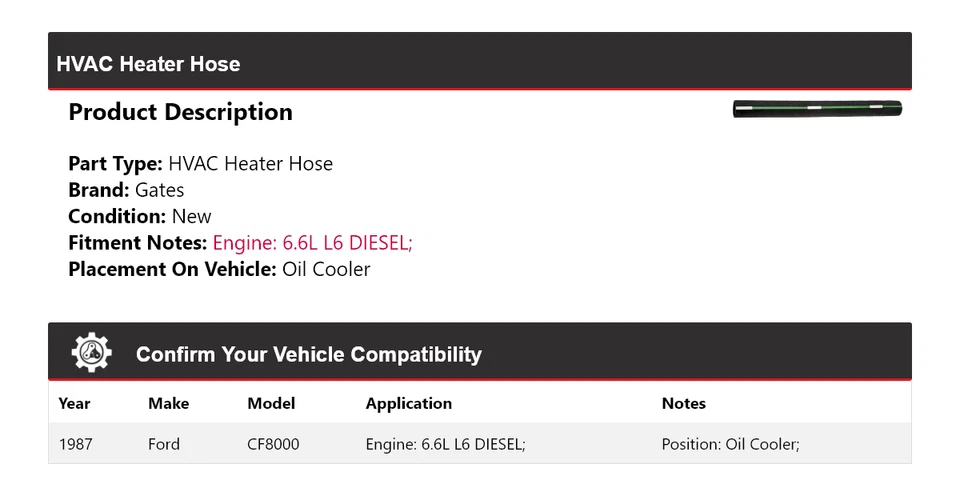 Para Ford CF8000 1987 6,6 L L6 diésel climatización manguera enfriador de aceite puertas Foto 2 de 4