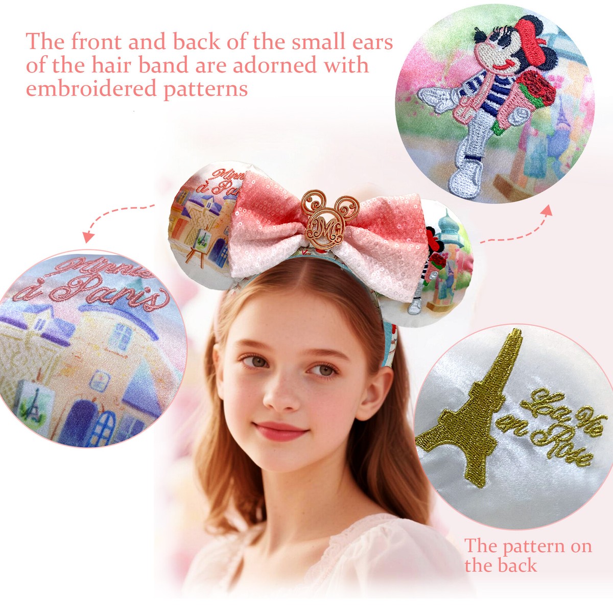Disney Parks Epcot France Paris Rose Embroidered Minnie Mouse Ears Bow Headband Disney Parks Epcot France Paris Rose Minnie Mickey Mouse  main image 2