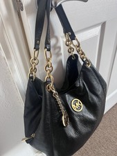 Michael Kors ladies designer bag, Black Leather Fulton Chain MD Shoulder Tote