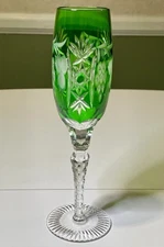 Vtg Ajka Marsala Emerald Green Cut to Clear Crystal Champagne Flute 8-7/8" Mint