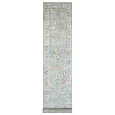 3' x 19'10'' Green Hand Knotted Angora Oushak Leaf Design Wool Runner Rug R20031