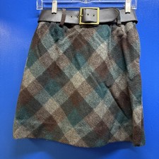 Vintage 1970s Women's Brown and Blue Wool Plaid Skirt with Brown Belt