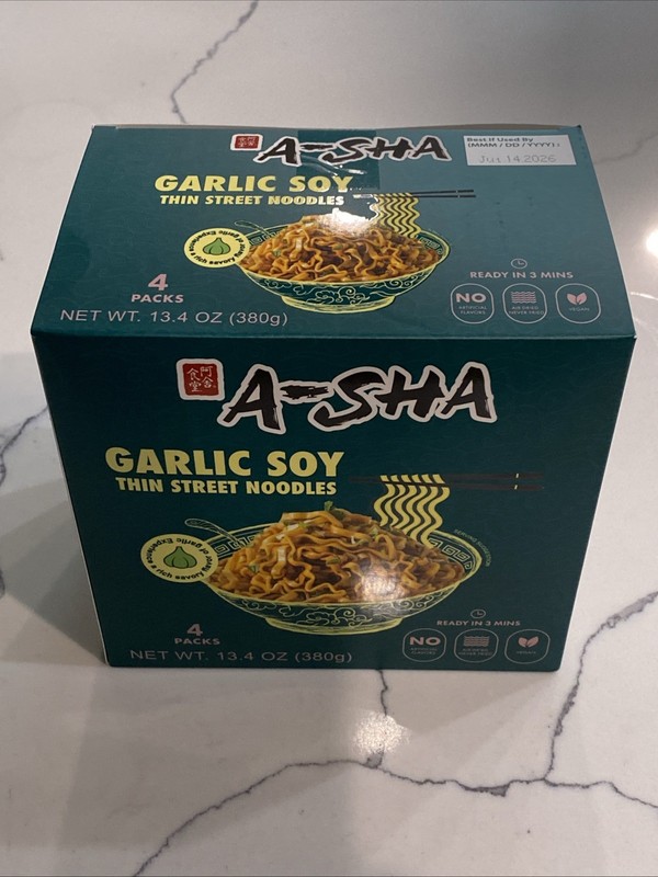 A-Sha Garlic Soy Thin Street Noodles 4 Pack 13.4 oz. BB 7.14.26