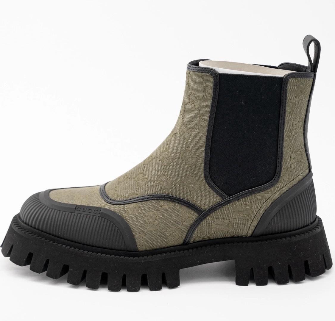 size 9.5G - Gucci Boots Chelsea Green Olive Black Canvas Ankle GG Monogram thumbnail 6