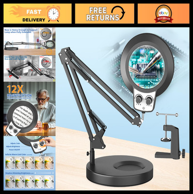 12X LED Magnifying Glass with Light - Hands-Free Desk Lamp & Clamp for Crafts, R