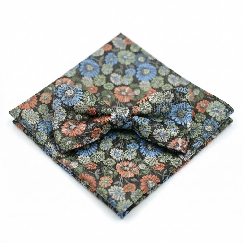 UNA Germany Mens Bow Tie Set With Pocket Square Azalea Blue Orange Green Floral