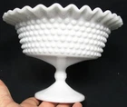 unmarked 5.5"h Fenton white milk glass hobnail ruffled top compote/pedestal bowl