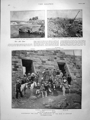 Original alter antiker Druck 1901 River Nile Dam Assouan Aird Satow Blue Simonds