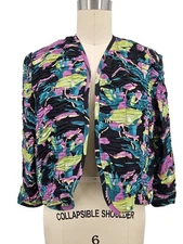VTG Regina Kravitz Ruched Jacket Womens M Parrot Print Open Front Cropped Magnin