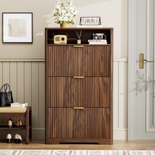 Shoe Cabinet with Flip Drawers & Open Compartment, Fluted Design Organizer Rack