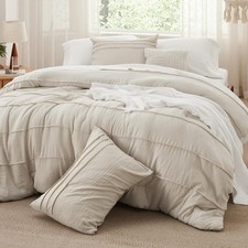 Queen Comforter Set - 4 Pieces Pinch Pleat Bed Set, Beige Boho Bedding