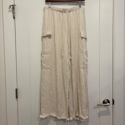 Stitch + Feather Cream Linen Blend Wide Leg Cargo Pants Size L Raw Hem 33592