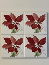 Set 4 Block Poinsettia Coasters 4 1/4" Square Tile Cork-back Watercolor Art