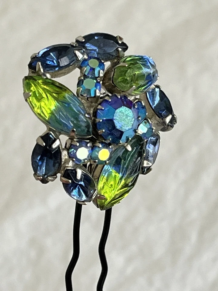 Vintage Jewelry Hair Pin Blue Green AB Rhinestones with Black Metal - Image 3 of 4