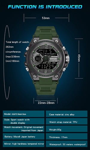 KXAITO by Samor Men's Watch Japanese Quartz Date LED Alarm, 92-Green, Superb - Picture 3 of 6