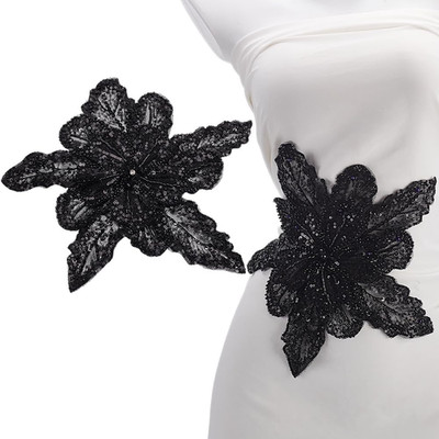 Black 3D Sequin Flower Applique Sparkly Sew on Sequins Lace Patch with Brooch Pi