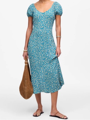 Madewell Cap-Sleeve Midi Dress in Eloise Ditsy Feminine Floral Teal Size 00 NWT