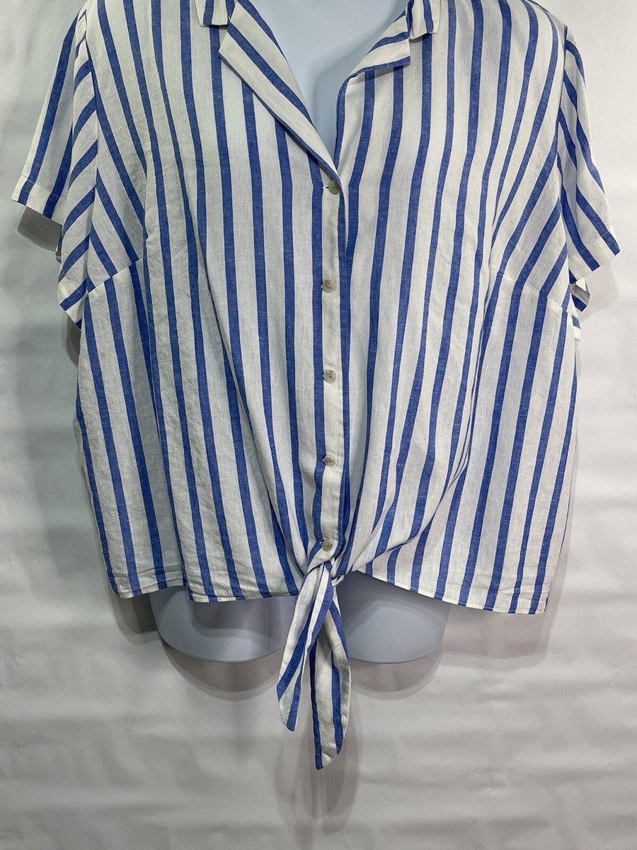 AVA&VIV Women's Sz 3X White/Blue Striped 55% Linen Button Tie-hem AVA&VIV Women's Sz 3X White/Blue Striped 55% Linen Button Tie-hem
