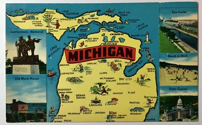 Postcard Michigan Pictorial State Map Landmarks Soo Locks Lumbermens Memorial